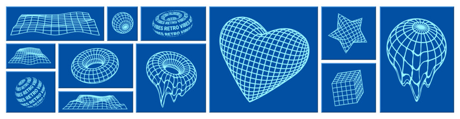 Poster - Y2K trendy shapes and 3d vector geometric figures, dimensional geometric acid forms in blue computer frames.