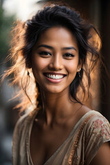 a closeup photo portrait of a beautiful young asian indian model woman smiling with clean teeth. Image created using artificial intelligence.