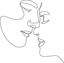Couple Faces One Line Drawing. Couple Kissing Creative Contemporary Abstract Line Drawing. Woman And Man Modern Vector Minimalist Design For Wall Art, Print, Card, Poster.