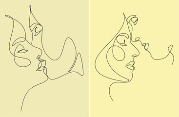 Couple Faces One Line Drawing. Couple Kissing Creative Contemporary Abstract Line Drawing. Woman and Man Modern Vector Minimalist Design for Wall Art, Print, Card, Poster.