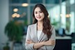© AI Farm - Beautiful Asian business woman smile in modern office. Smart and confident . Generative AI
