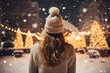 A woman in an oversized sweater and knitted beanie, winter scene, fairy lights, back view 