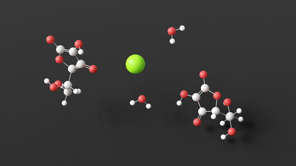  calcium ascorbate molecule, molecular structure, food additive e302, ball and stick 3d model, structural chemical formula with colored atoms