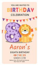 Happy Eighth Birthday With Lion Baby Boy Invitation Card Vector