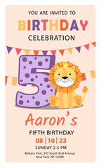 Happy fifth birthday with lion baby boy invitation card vector