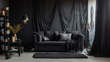 Fototapeta  - Czarny pokój z sofą zasłonami i poduszkami