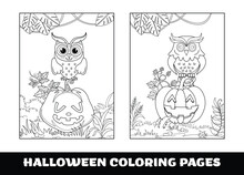 Halloween Owl And Pumpkin Coloring Pages For Kids. Pumpkin Themed Outlined For Coloring Page On White Background.