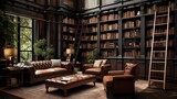 Fototapeta Do przedpokoju - A home library with a rolling ladder and leather armchairs