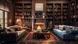 © Naseem - A home library with floor-to-ceiling bookshelves and a cozy fireplace