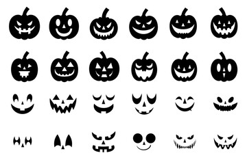 Halloween set of pumpkin silhouettes and funny and scary ghost,pumpkin or Jack o lantern faces, Vector illustration of carved faces silhouettes - transparent background, png
