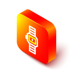 Poster - Isometric line Wrist watch icon isolated on white background. Wristwatch icon. Orange square button. Vector