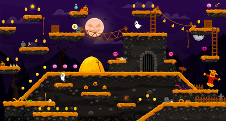 Poster - Arcade Halloween horror night landscape, game level map interface, vector platforms and ghosts, stairs and coins. Halloween cartoon game cemetery background with pumpkins, coin rewards and candy bonus