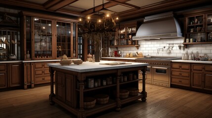Wall Mural - A kitchen with a hidden pantry and a central kitchen island