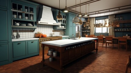 Wall Mural - A kitchen with a hidden pantry and a central kitchen island