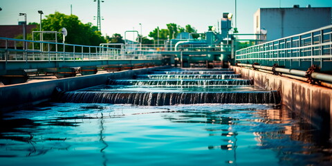 Industrial wastewater treatment plant purifying water before it is discharged. Generative Ai