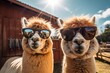 Comical Alpacas close up in a cozy farmyard, wearing sunglasses