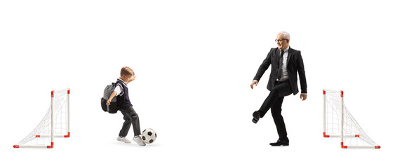 Sticker - Schoolboy playing football with a mature businessman