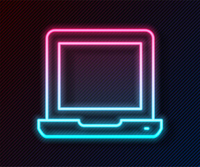Aufkleber - Glowing neon line Laptop icon isolated on black background. Computer notebook with empty screen sign. Vector