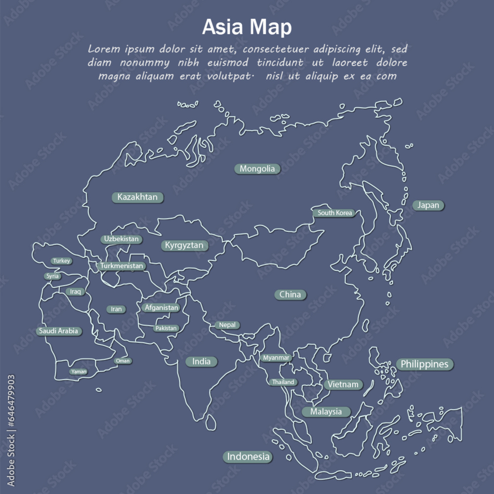 map of Asia printable with name country Stock Vector | Adobe Stock