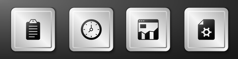 Poster - Set To do list or planning, Clock, Graph chart infographic and Document settings icon. Silver square button. Vector