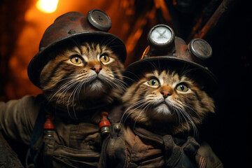 Two miner cats in construction helmets. AI generated.