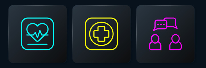 Poster - Set line Heart rate, Speech bubble chat and Hospital signboard. Black square button. Vector