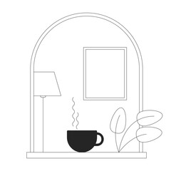 Poster - cozy window bw concept vector spot illustration. hot drink cup and houseplant 2d cartoon flat line m