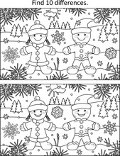 Difference Game With Gingerbread Man And Gingerbread Girl Walking In Outdoor Winter Scene.
