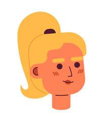 Poster - Blonde young woman semi flat vector character head. Optimistic. Ponytail hairstyle. Editable cartoon avatar icon. Face emotion. Colorful spot illustration for web graphic design, animation