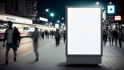 Media banner, blank digital billboard for your advertising. Blurred street and people. Abstract illustration.