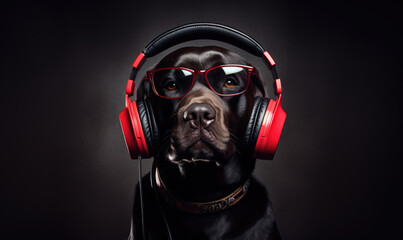 Stylish labrador dog DJ with glasses and headphones.