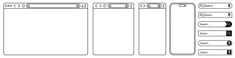 Aufkleber - Set browser window in line style, smartphone, blank web page, search bar in internet, line template mockup browser window on computer, tablet and mobile phone, linear model mobile phone - vector