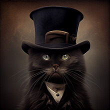 Cheerful Illustration, The Cat Wears A Top Hat. AI Generated.