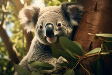 A Koala Bear Eating Eucalyptus On A Tree