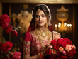 Indian pretty bride holding flower bouquet or bunch, wears red saree and jewellery