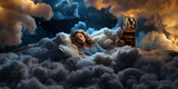Fototapeta  - Hübsche Frau liegt im Bett schlafend wie im siebten Himmel mit Wolken bequem und ruhig Querformat für Banner, ai generativ