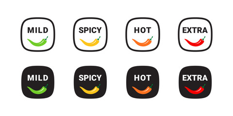 Wall Mural - Spice level marks. Food spiciness indicator. Spicy badges types. Vector scalable graphics