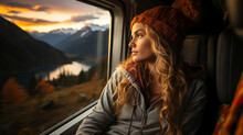 Portrait Of Blonde Woman Looking Out Of A Window While Traveling By Car In An Alpine Landscape 