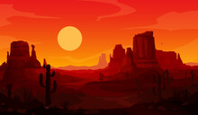 Evening Sunset Mexican Desert Landscape With Cactus And Flying Eagle Silhouettes. Vector Scenic Background With Dramatic, Vibrant Red And Orange Colors Of Dusk Time. Majestic Arizona Canyon Mountains