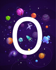 Poster - Cartoon space letter O font of vector kids alphabet. Astronaut, rocket or spaceship with futuristic galaxy planets, comets and stars background. Space travel, exploration, alphabet education poster