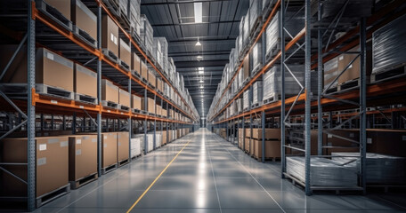 Poster - Logistics, Rows of shelves with boxes at large warehouse with numerous items, Inventory control, Order fulfillment or space optimization.