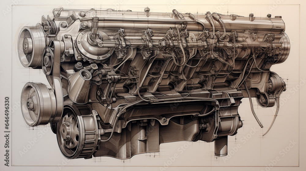 blueprint style technical drawing and illustration of a v8 engine gas ...