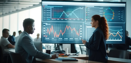 Aufkleber - Diverse Team Of Data Scientists Having A Meeting And Discussing Reports In Modern Monitoring Office With Analytics Feed On a Big Digital Screen.