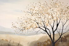 Tree With Falling Leaves In Autumn Season. Digital Painting In Neutral Colors. Generative AI