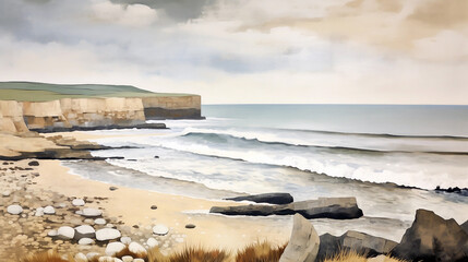 Wall Mural - Digital painting of the seascape with rock shore. Printable wall art in neutral colors. Generative AI