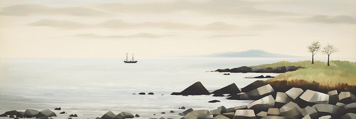 Wall Mural - Beautiful seascape with a sailboat on the horizon. Panoramic painting in neutral tones. Generative AI