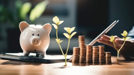 Aufkleber - Financial success money savings concept, White piggy and plant with stacked coins background.