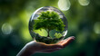 Human hand holding glass ball with tree inside, Environment conservation concept, Generative AI
