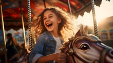 A Happy Young Girl Expressing Excitement While On A Colorful Carousel, Merry Go Round, Having Fun At An Amusement Park, Generative AI