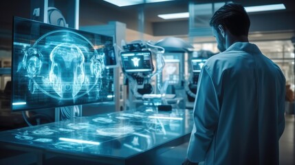 Aufkleber - Surgeon operation on heart disease and illness on monitor, Doctor working in futuristic hospital with medical high tech healthcare.